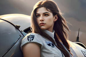 Fantasy art female pilot against fighter airplane