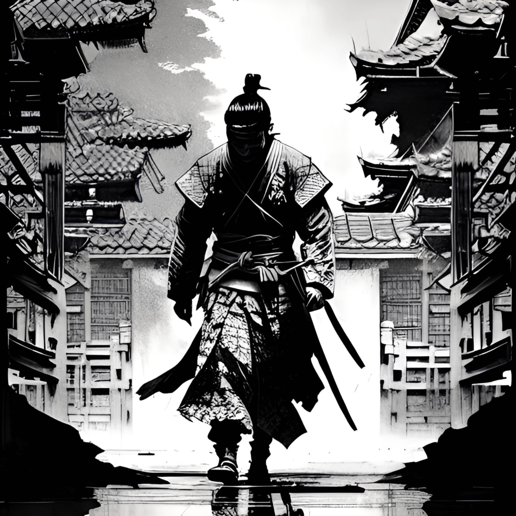 fantasy samurai waling in village pen and ink